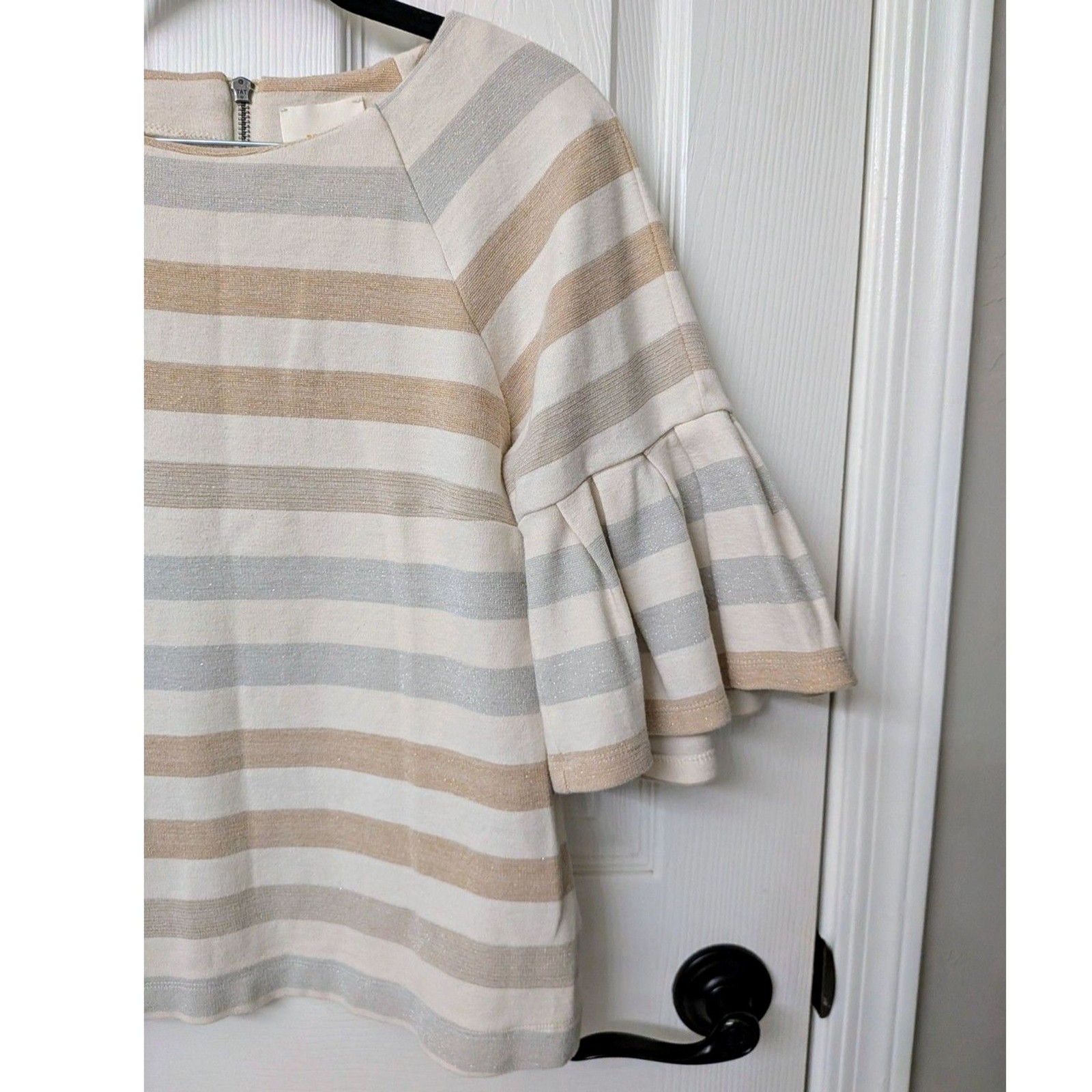 Maeve by Anthropologie Sparkle Stripe Flutter Sleeve Top | Size Med