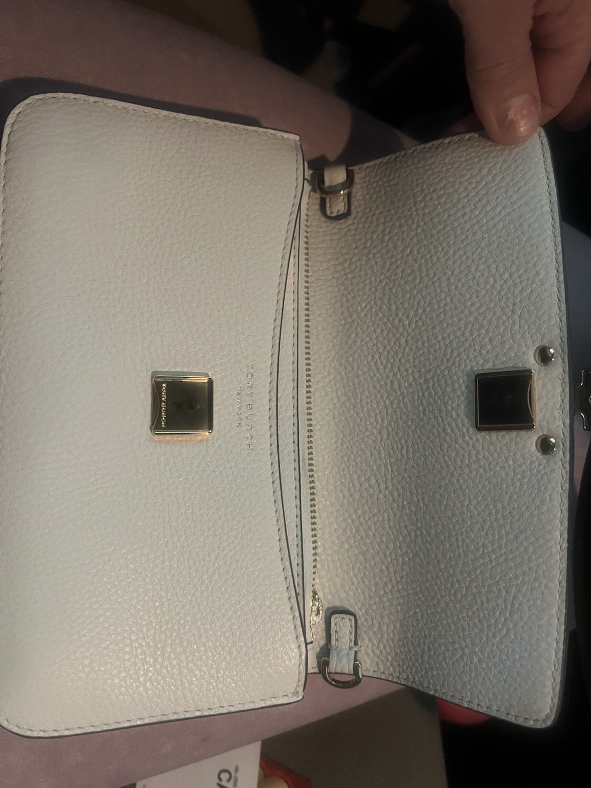 Tory Burch Britten Chain Wallet Wristlet Blue Mist Logo Zipper Women