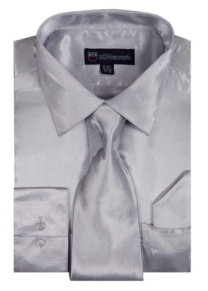 Men’s Shiny Satin Polyester Formal Dress Shirt w/ Tie and Hanky Set #08 Solid