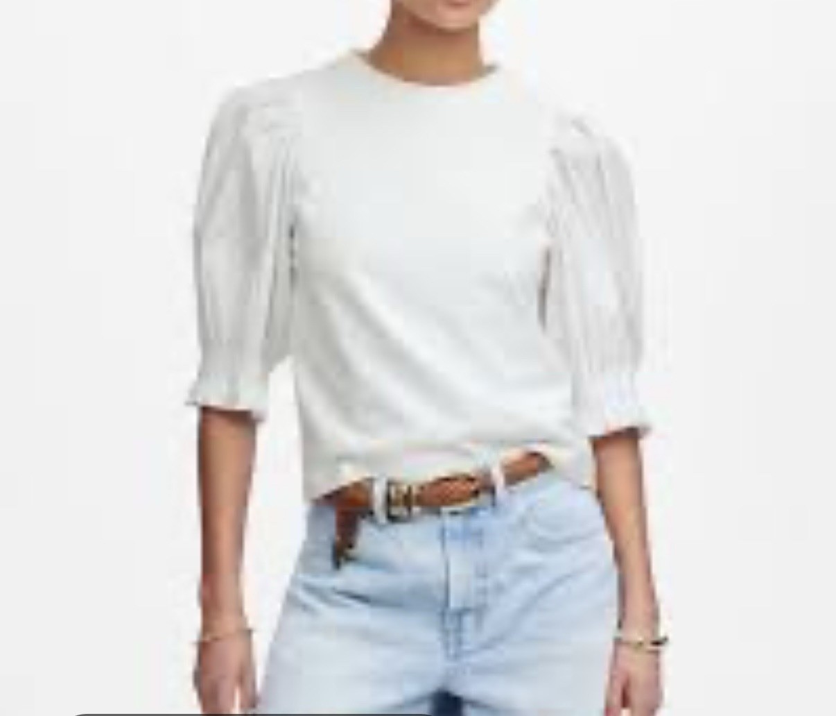 Madewell Women’s XS White Solid Crew Neck 3/4 Puff Sleeve 100% Cotton Knit Top