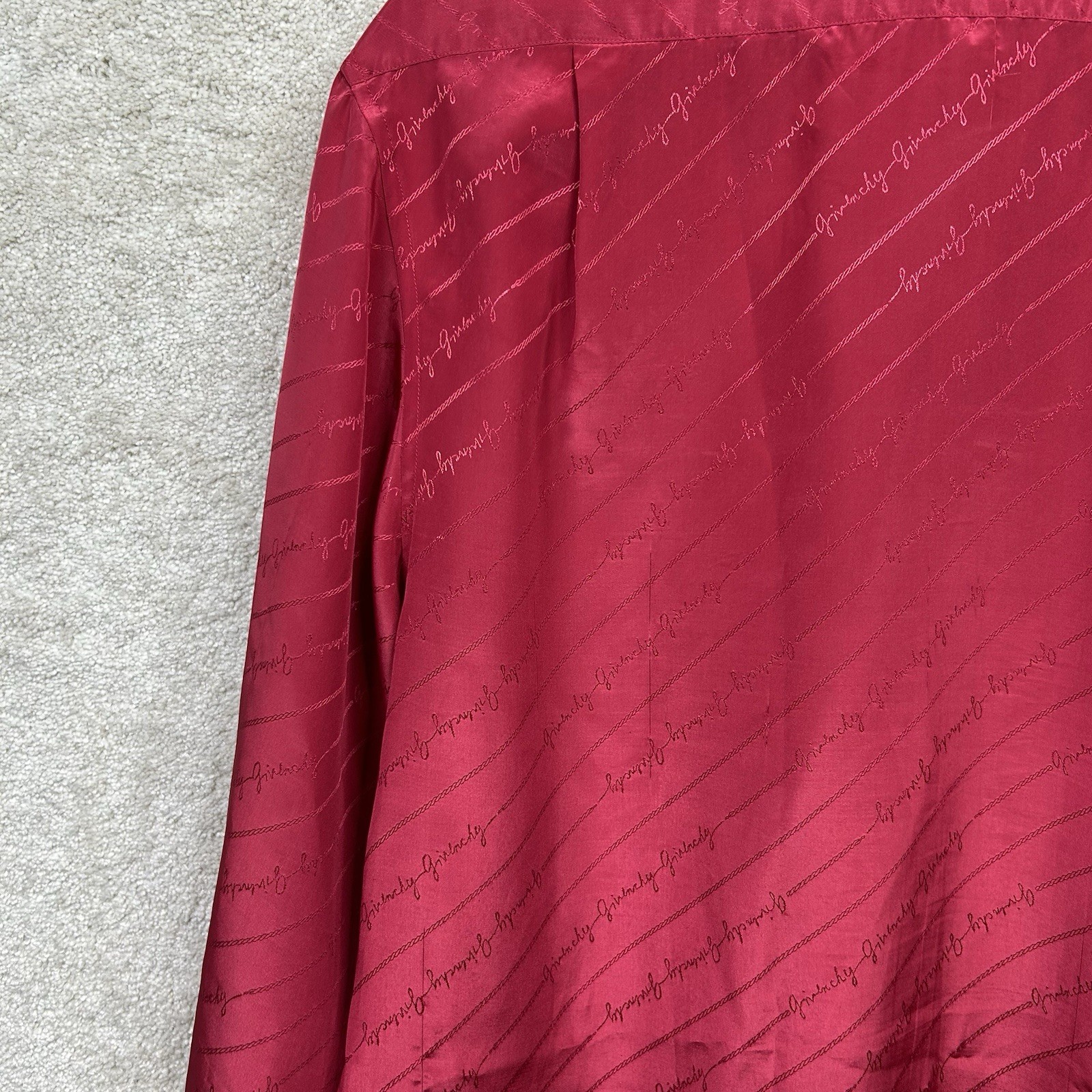 Vintage 70’s GIVENCHY for Chesa Men’s Red Logo Script Satin Disco Button Shirt L