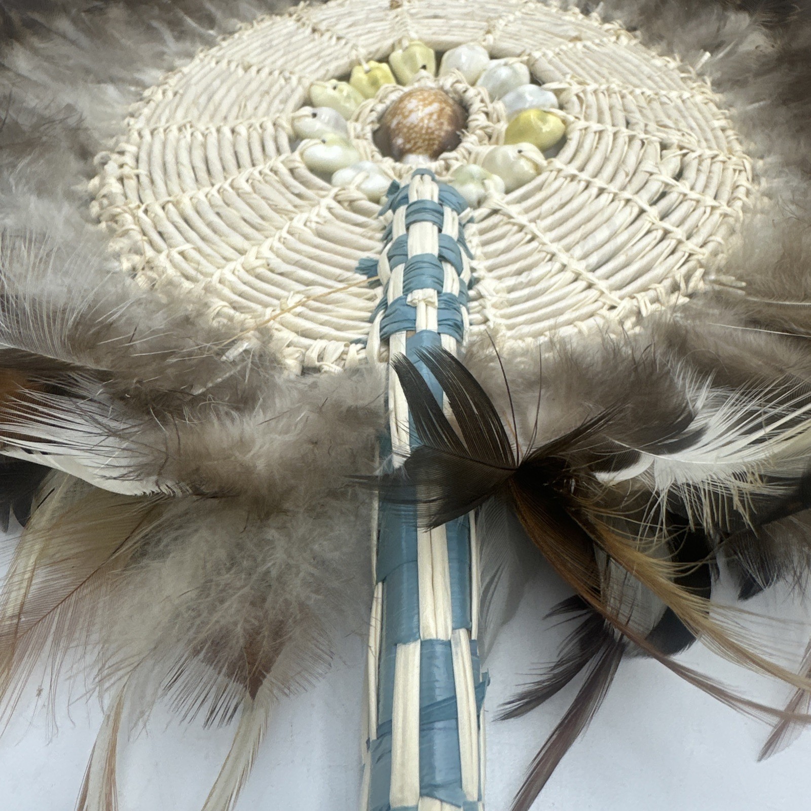 Vintage Marshall Islands Fixed Hand Fan Shells Brown Feathers Palm Fronds