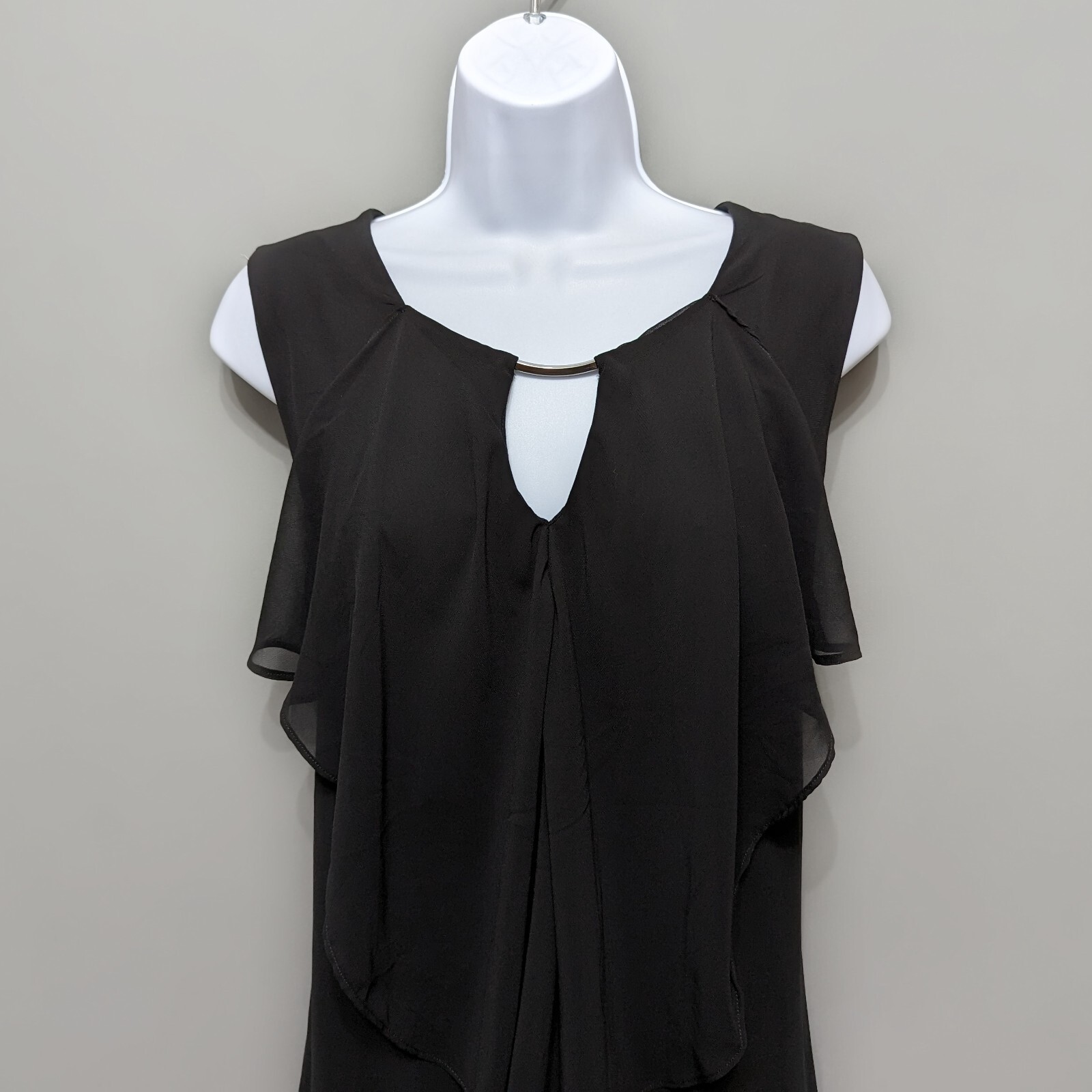 NY&Co Black Jersey Draped Chiffon Front Layer Top Metal Bar Keyhole Neck L