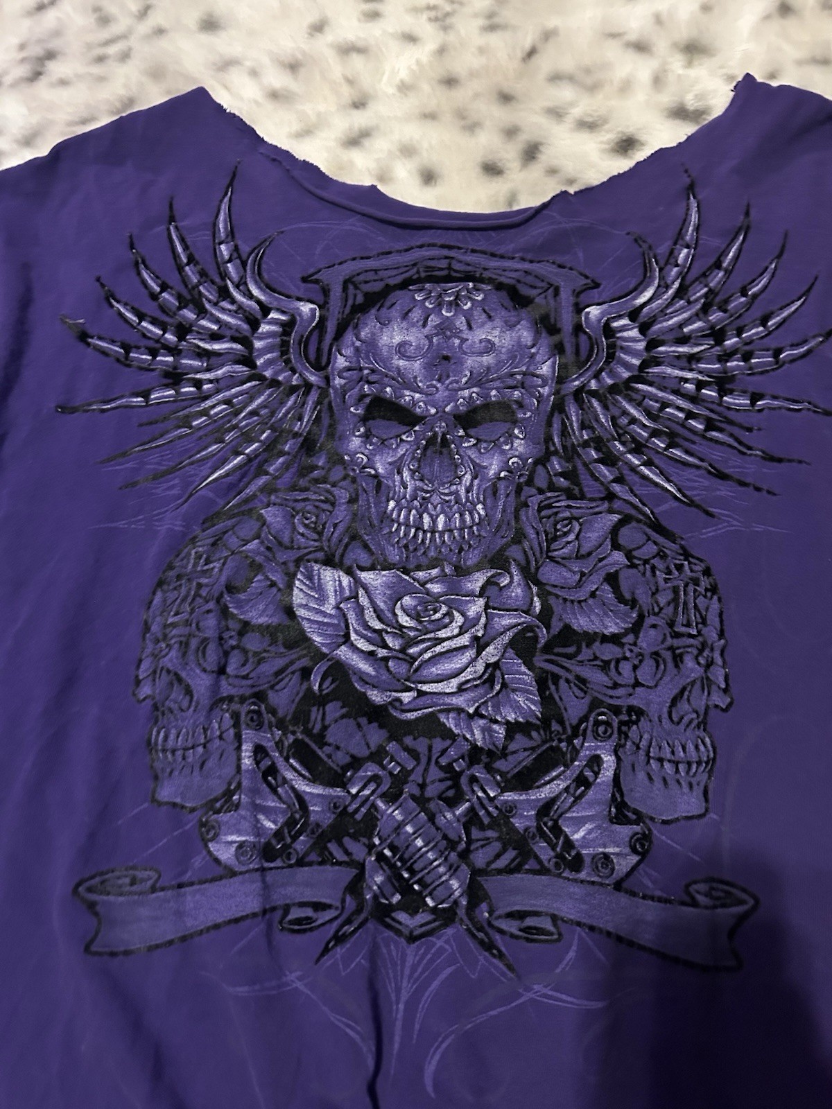 Purple Skull & Wings Graphic Print Knit Crew Neck Short Sleeve T-Shirt XL