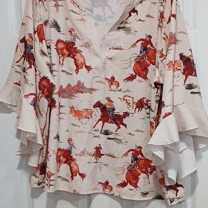 Womens Plus Size Blouse 5XL Western Cowboy Print V-Neck 3/4 Ruffle Sleeve