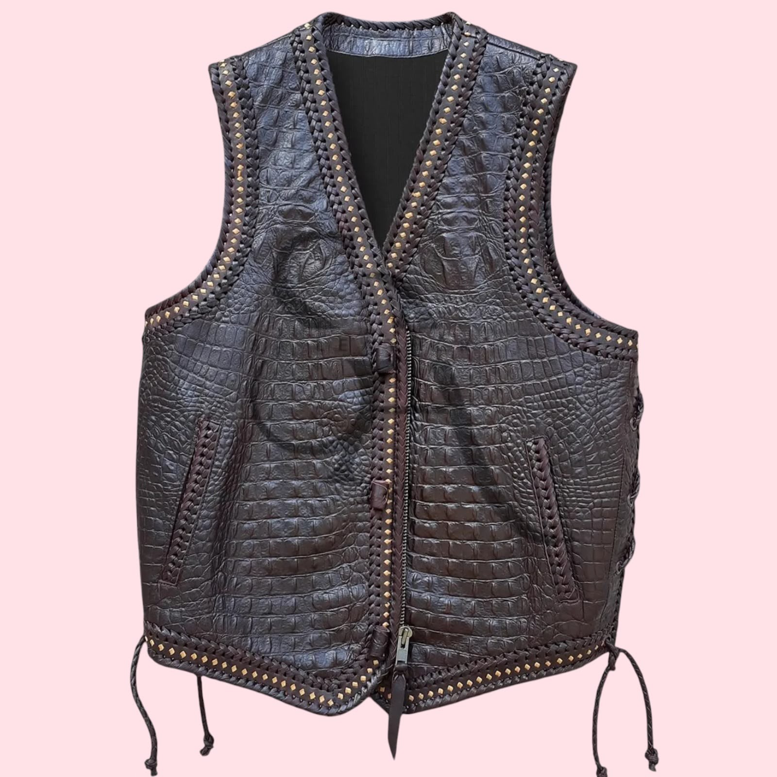 Men’s Black Real Crocodile Print Leather Biker Vest Handmade Braided Zip Style