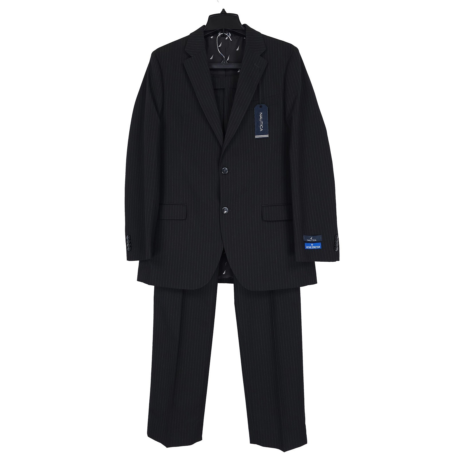 Nautica Mens Modern Fit 2 Piece Suit 36S 32W Black Pinstripe Stretch NWT