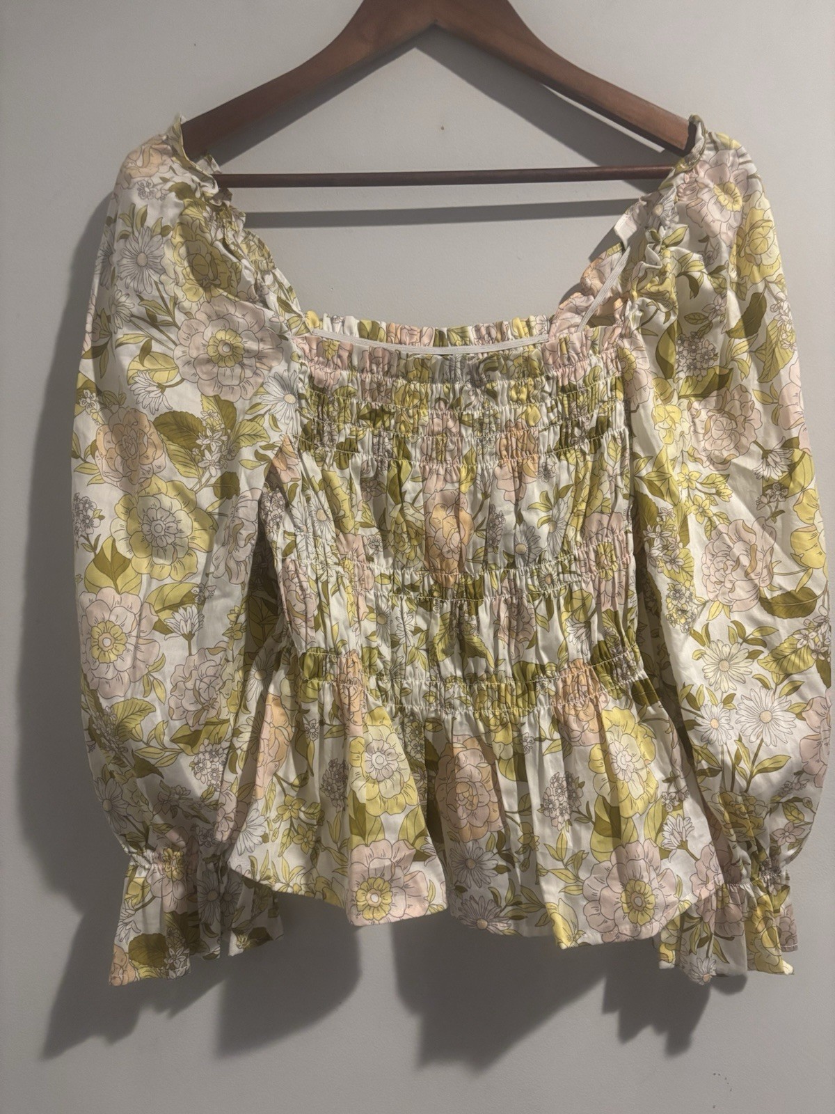 Who What Wear Top Medium Blouse 100% Cotton Smocked Balloon Sleeve Floral Boho
