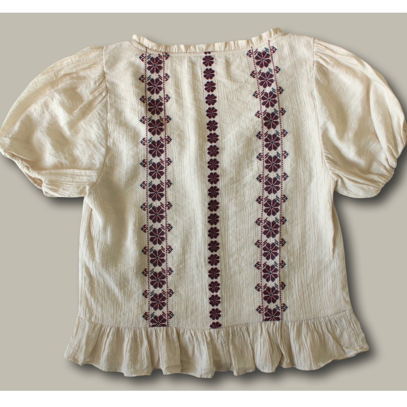 Abercrombie & Fitch Boho Embroidered Peasant Top Size M Cream Floral Puff Sleeve