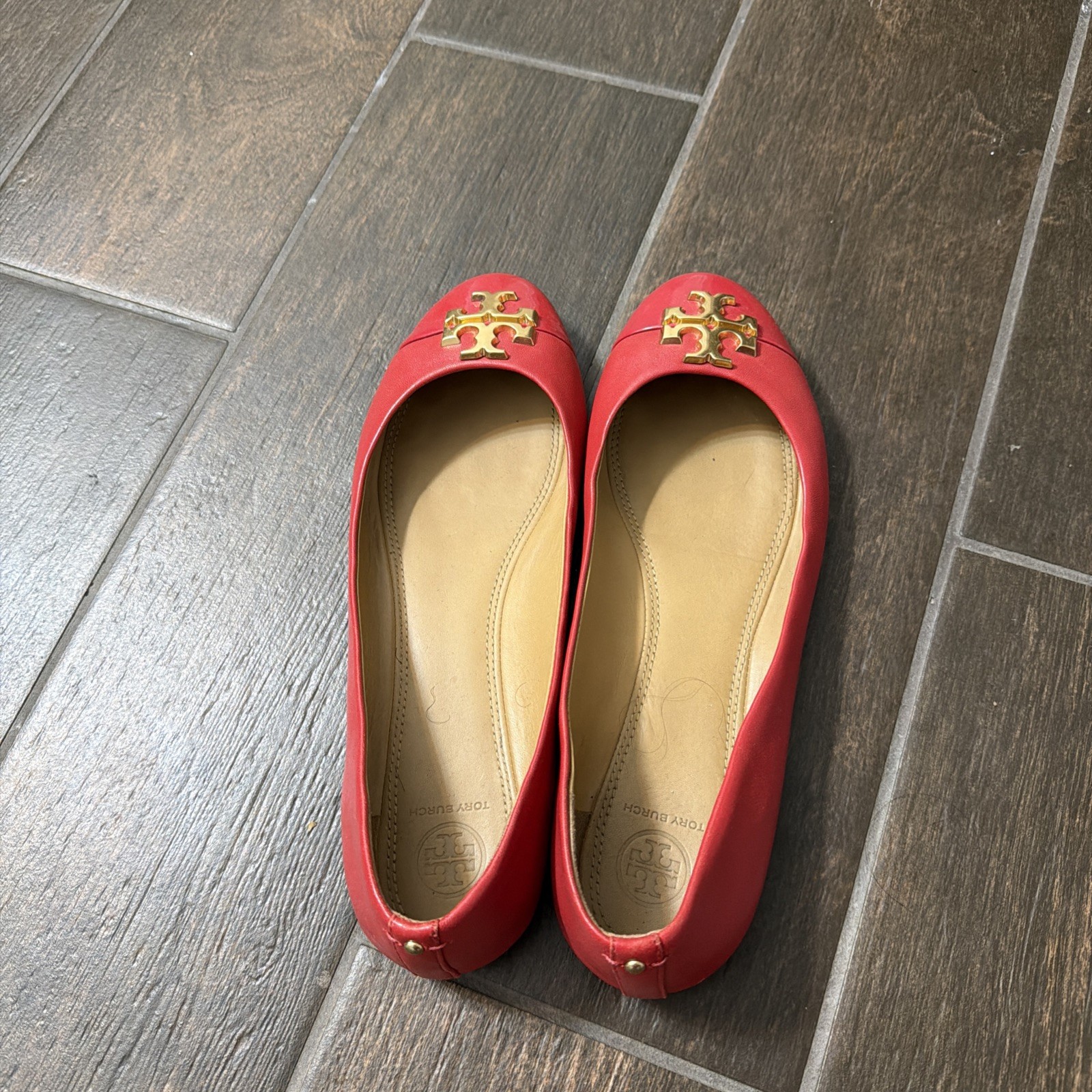 Tory Burch Everly Red Leather Ballet Slip On Flats Shoes TT Gold Logo Size 9.5 M