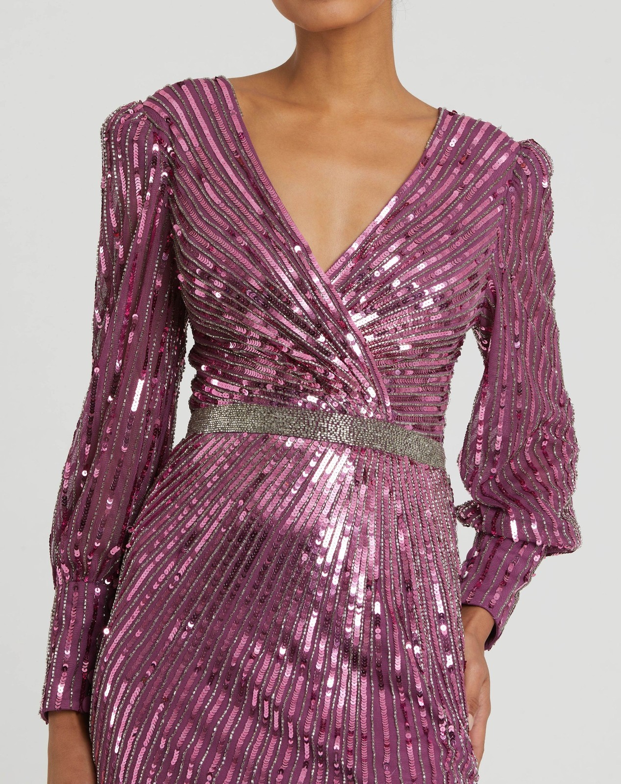 Mac Duggal Raspberry Purple Sequin Beaded Long Sleeve Sheath Gown Size 14 $598