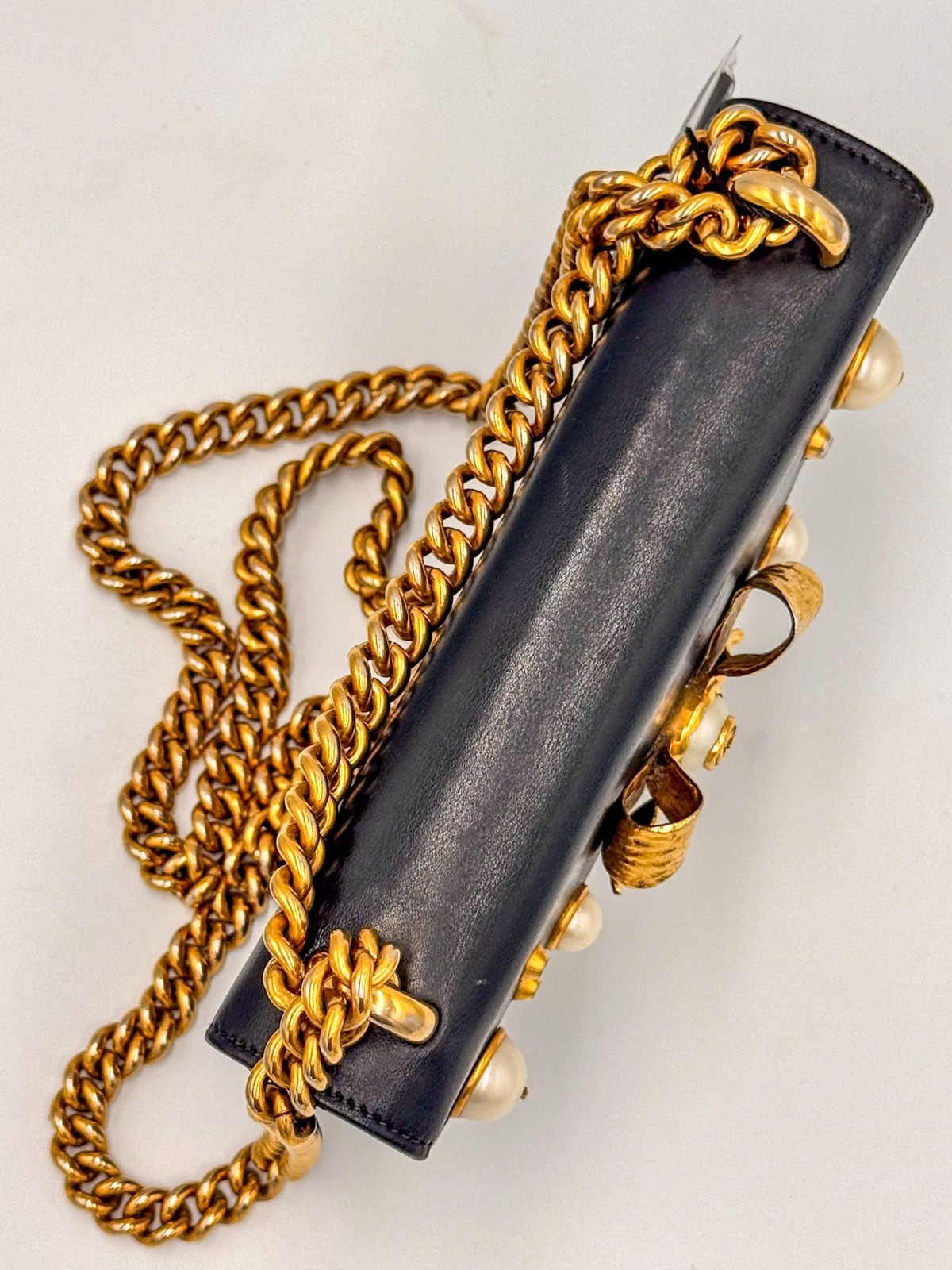 Gucci Broadway Pearl Bow Shoulder Bag Black Leather Gold Chain Authentic