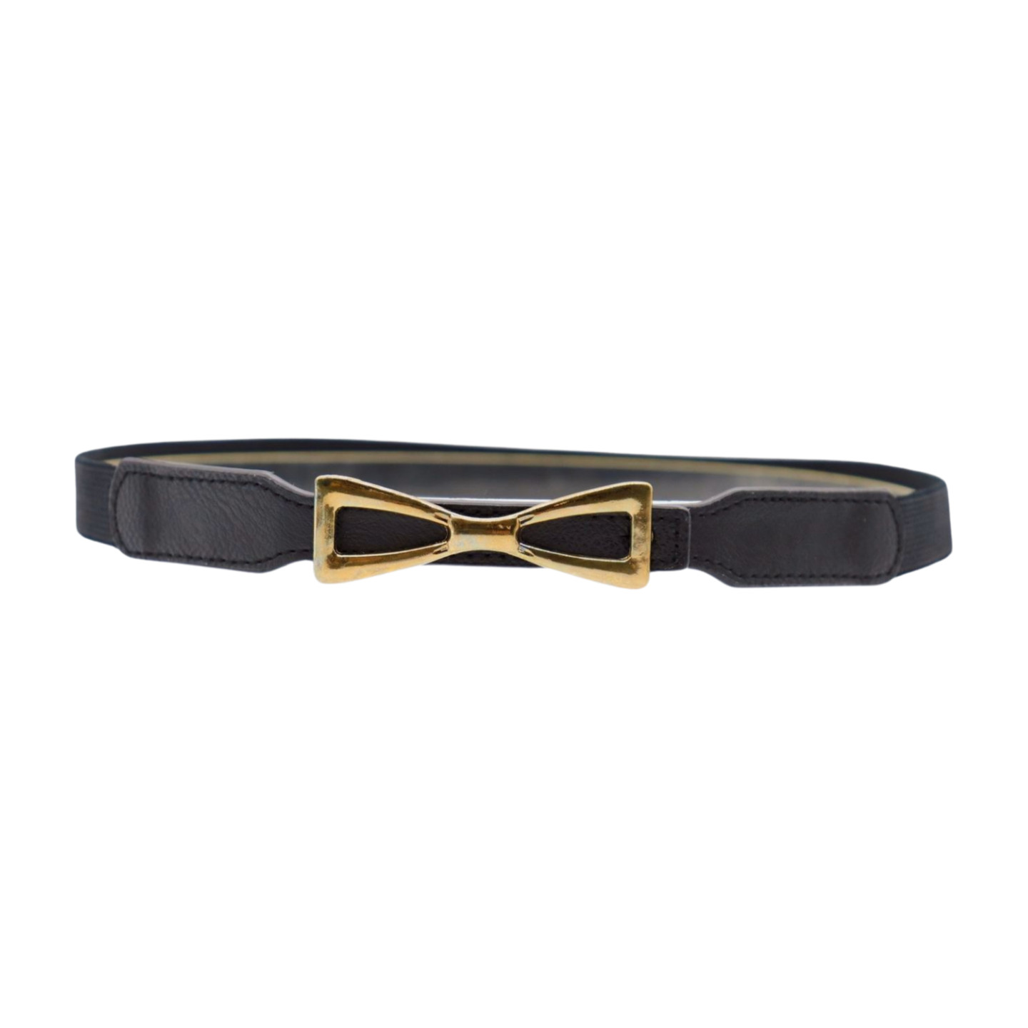 Women Black Elastic Strap Narrow Belt Rusty Gold Metal Bow Tie Ribbon Buckle S M