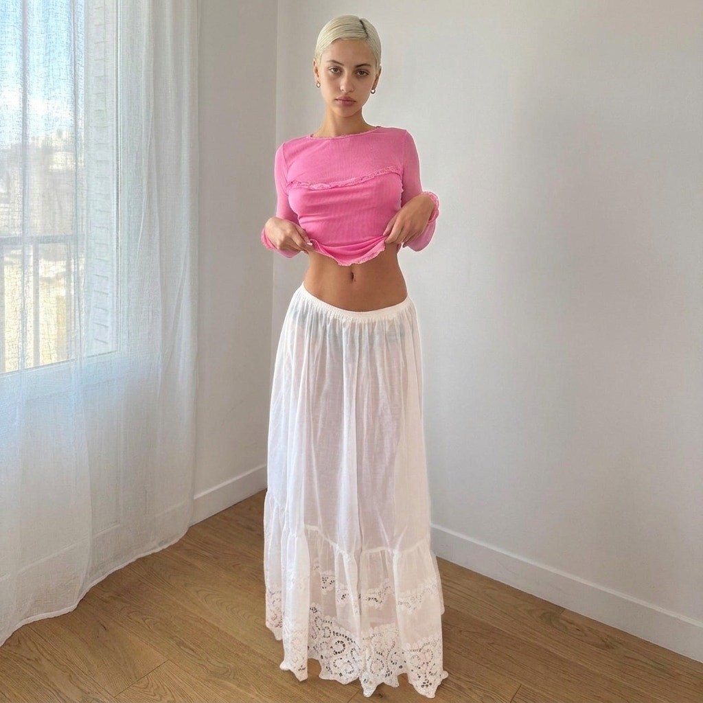 Vintage West Germany White Lace Maxi Skirt Sheer Elastic Waist (XS/S)