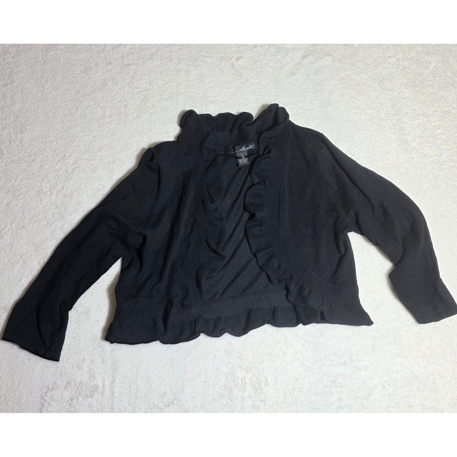 Willi Smith Ruffle Bolero Shrug Women Large Black Excellent Cotton Blend Knit
