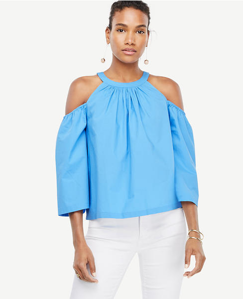 NWT ANN TAYLOR Women $69.50 Poplin Structured Cold Shoulder Top_Blue_Sz_S_M