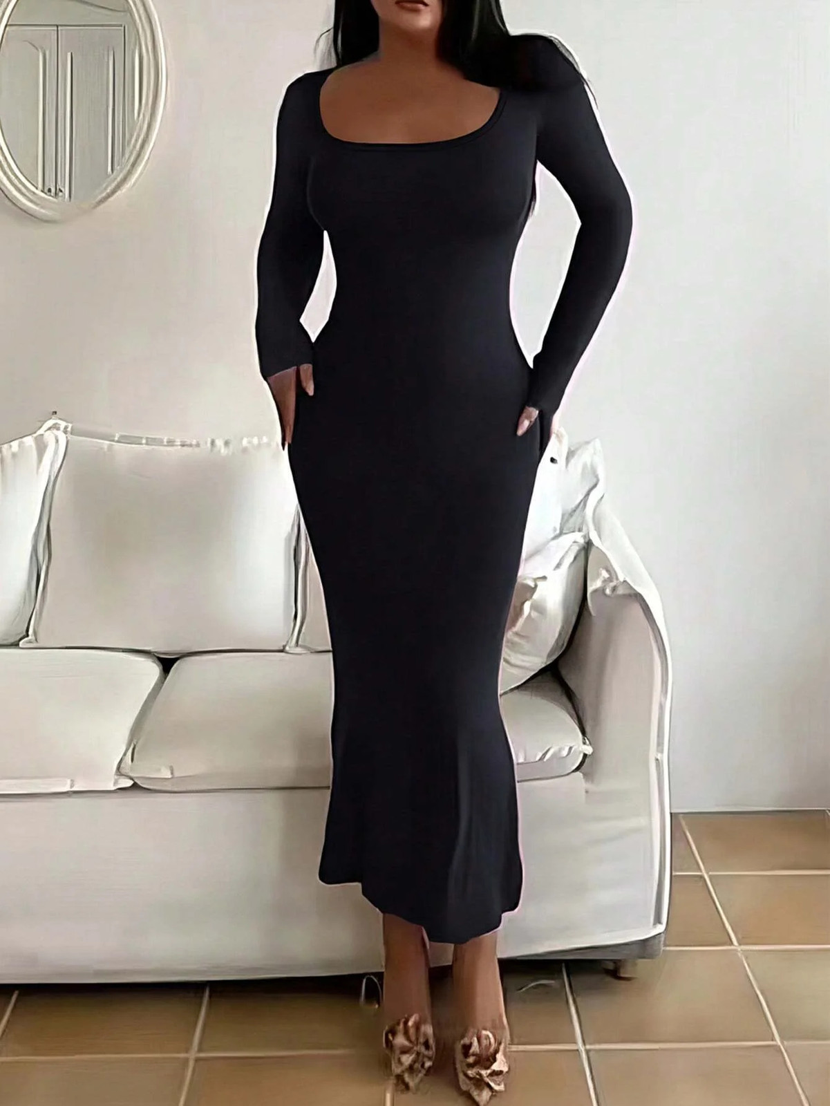 Women’s Solid Long Sleeve Bodycon Dress Scoop Neck Casual Minimalist Midi Dress