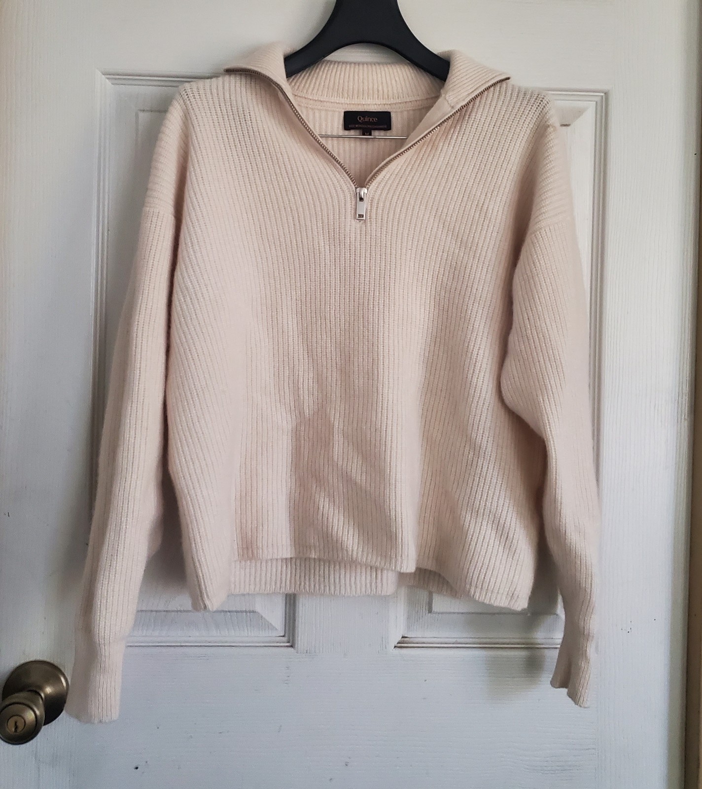 Quince Soft Cream Zip-Neck Ribbed Pullover Mongolian Cashemere Sweater, Size M