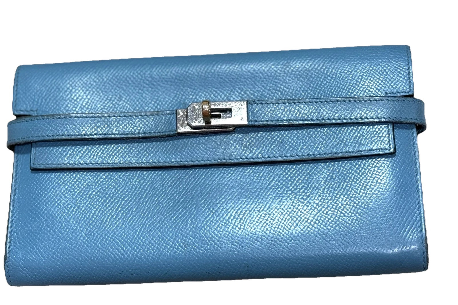 Authentic HERMES Kelly Long Wallet Clutch Blue Silver Made in France