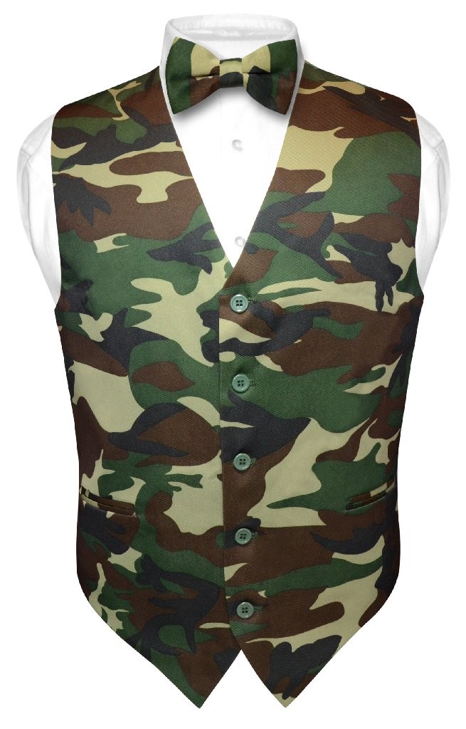 Men’s Army Green Camo Dress Vest Bow Tie Set Brown Beige Black Wedding Prom S
