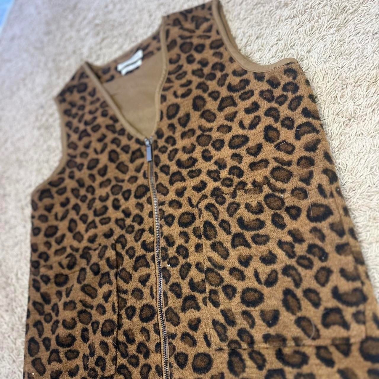 Native Youth Leopard Print Zip Up Vest Brown Animal Print Wool Blend XS Small