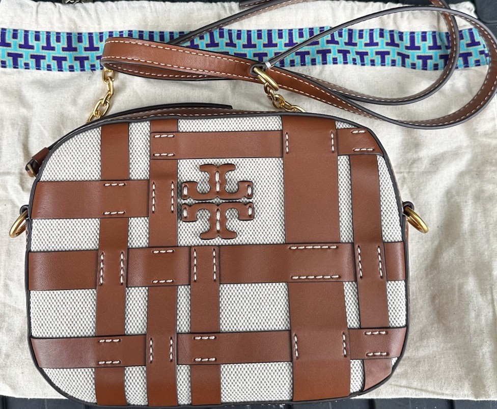 Tory Burch Small woven logo crossbody bag brown/beige, gold hardware, zip