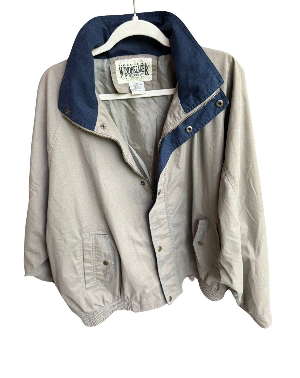 Vintage Original Windbreaker Jacket 3X Khaki Navy Full Zip Snap Front Made in Ho