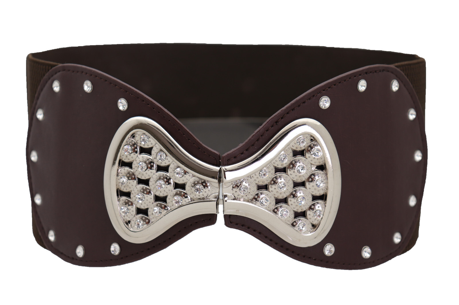 Women Dark Brown Tone Wide Elastic Belt Bling Silver Ribbon Bow Tie Buckle S M