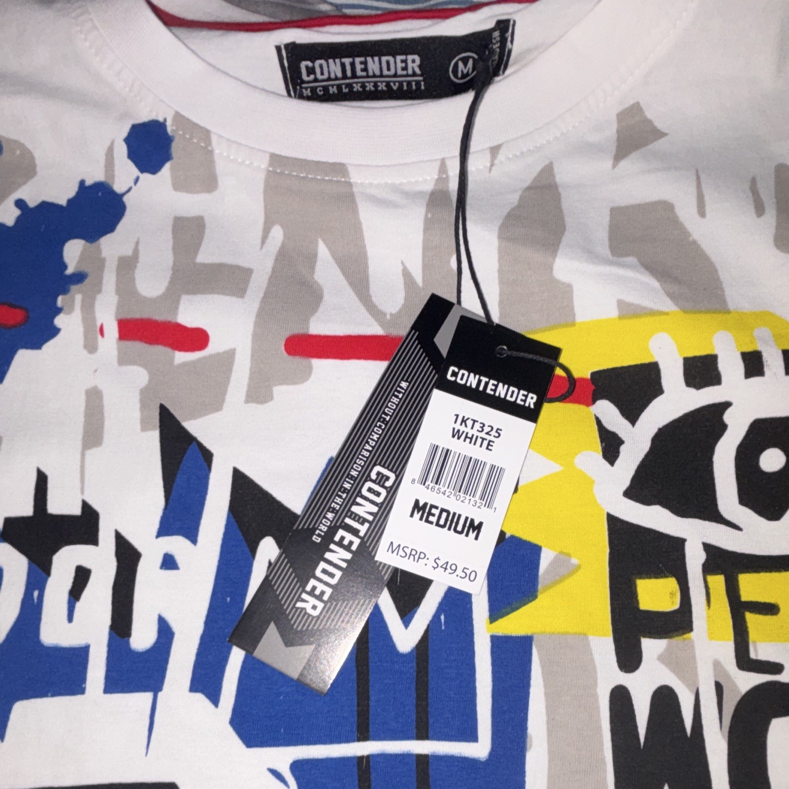 Contender Men’s M White Crew Neck Short Sleeve Graphic Logo T-Shirt Music Art