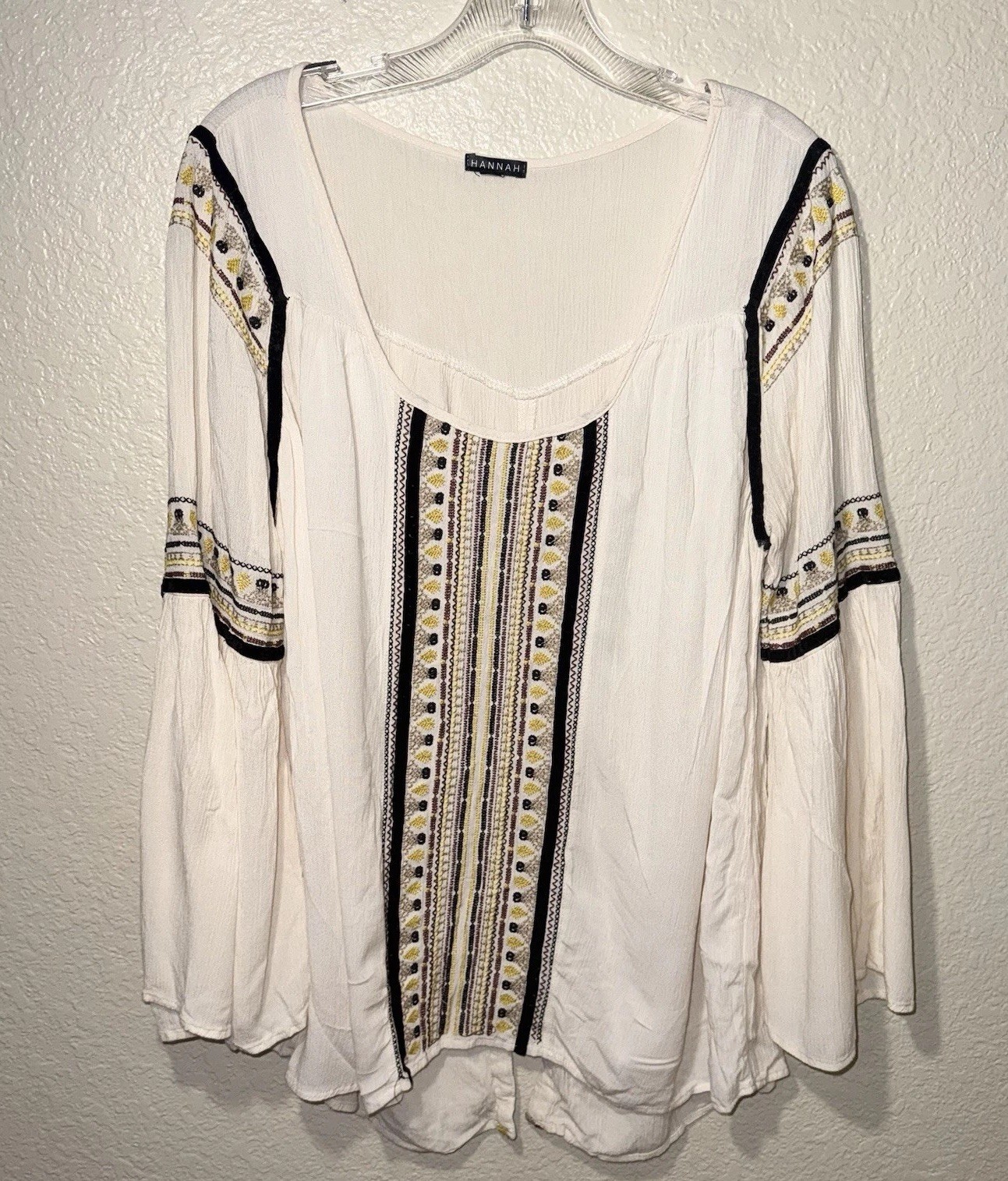 Hannah Large Boho Embroidered Bell Sleeve Peasant Blouse Cream