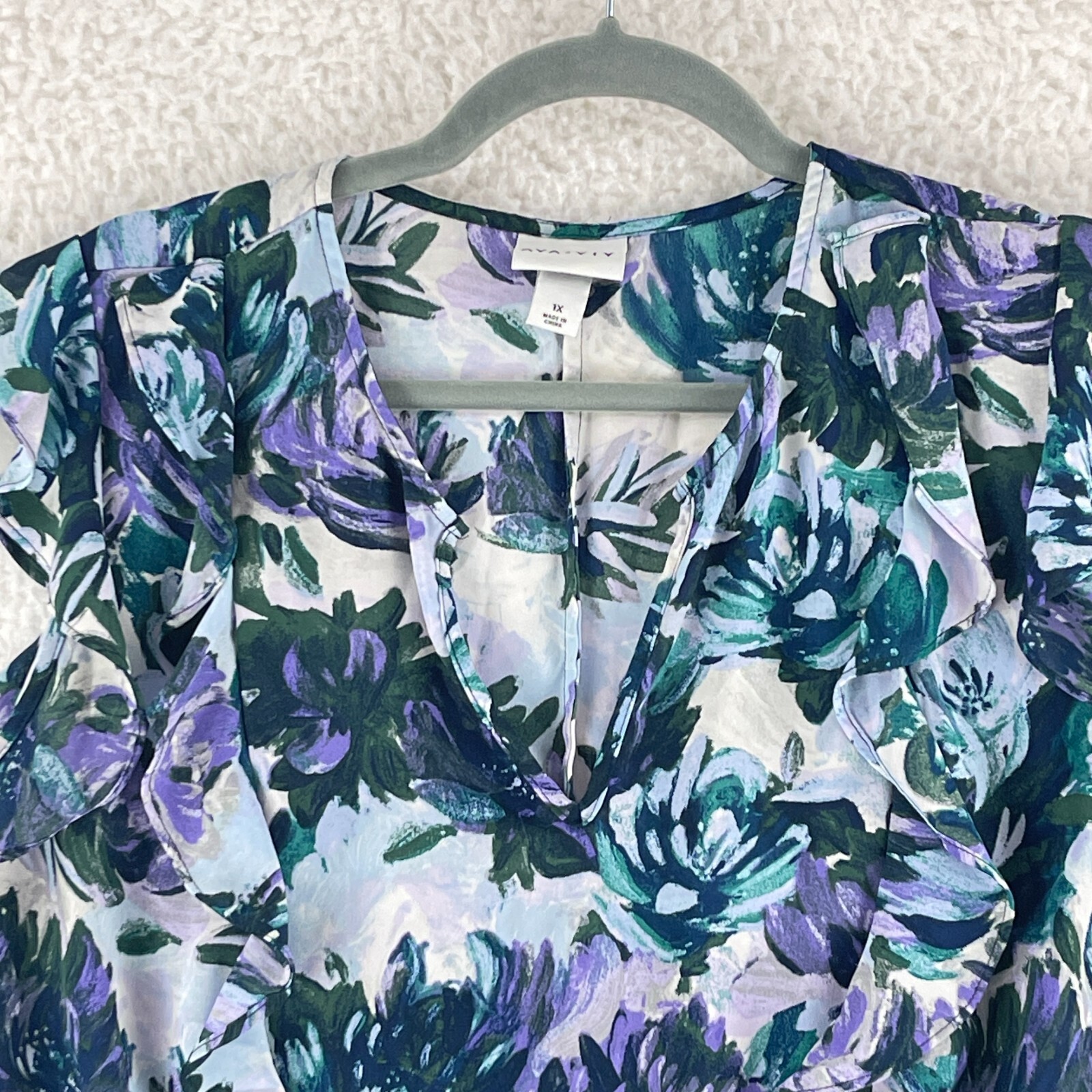 Ava & Viv Floral Flutter Sleeve Shirt Womens Plus 1X V-Neck Short Sleeve Top