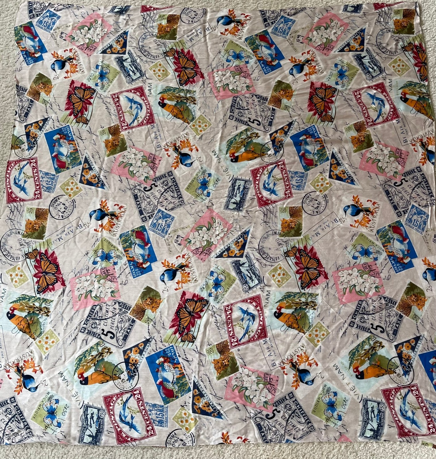 VTG Large stamp postmark square Scarf 100% Acrylic Multicolor Size 42″x42″