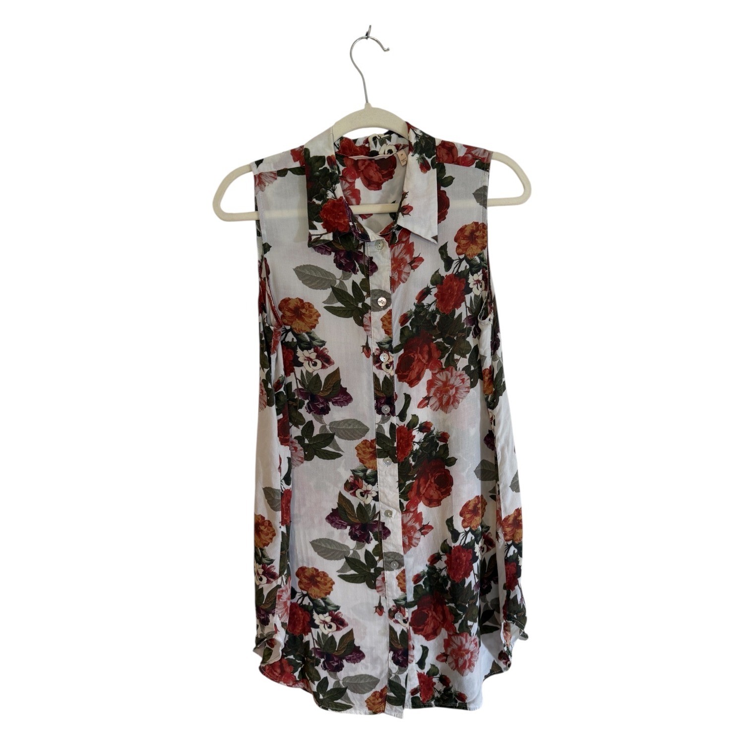 Soft Surroundings Sleeveless Floral Button Down Top Womens M White Red Rayon