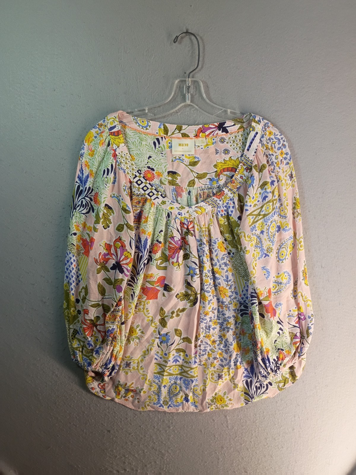 Maeve Anthropologie Boswell Blouse 8 M Pink Patchwork Floral Peasant Boho Top