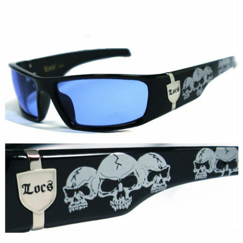 LOCS Biker Sports Gangsta Mens Designer Skull Temples Sunglasses Blue Lens