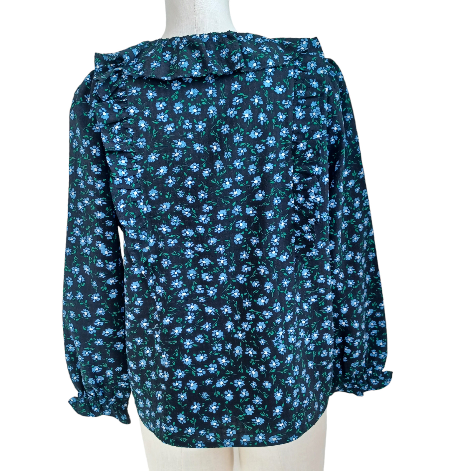 Loft Blouse Womens Petite Med Black Blue Ditsy Floral Ruffle Cottagcore Romantic