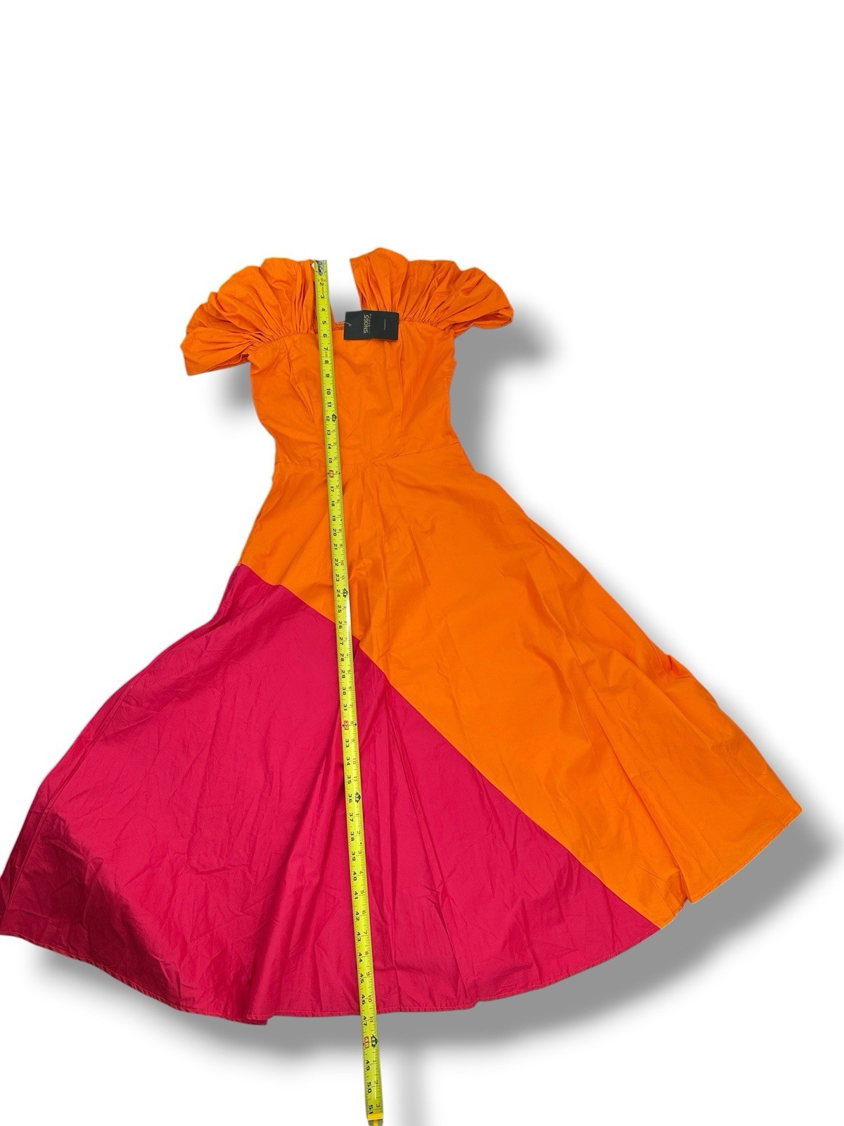 Colorblock Midi Dress Sz 6 Orange Pink Puff Slv Square Neck Dopamine Statement