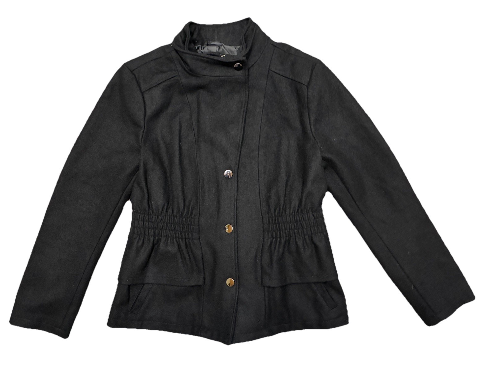 NY & Company Peacoat Women’s L Black Wool Blend Peplum Ruffle Zip Snap Jacket