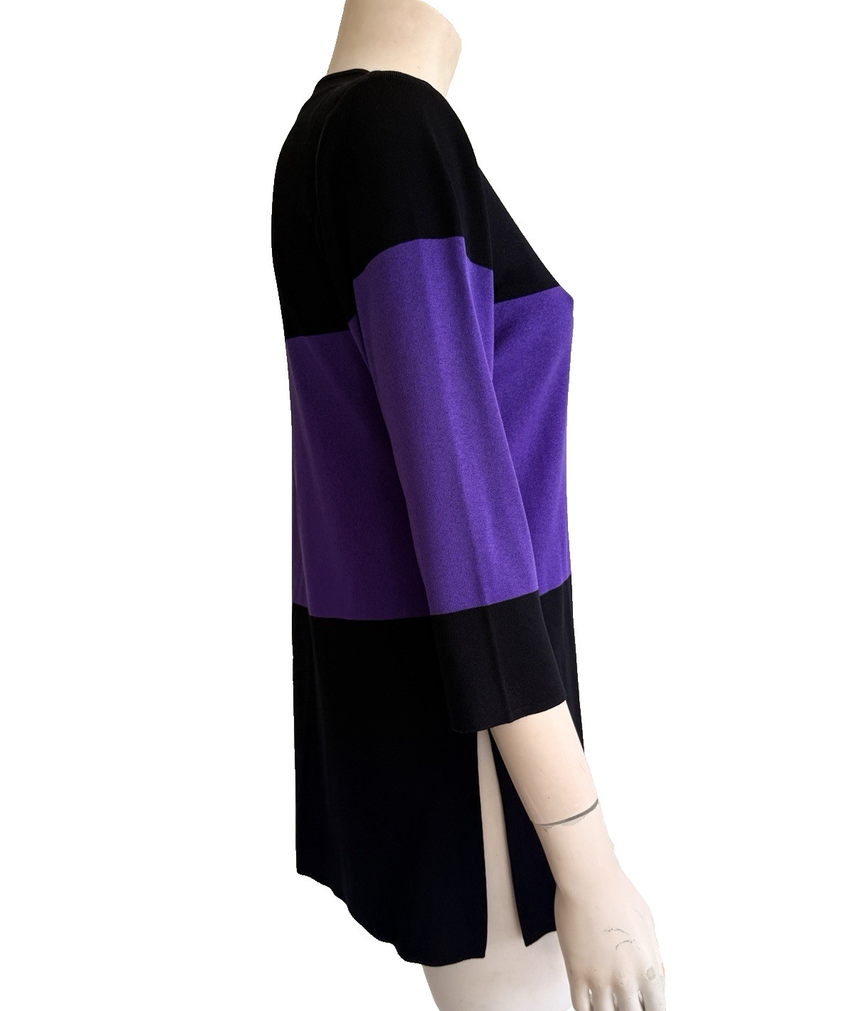 EXCLUSIVELY MISOOK Top Black Purple Colorblock Lace Up Neckline 3/4 Sleeve S