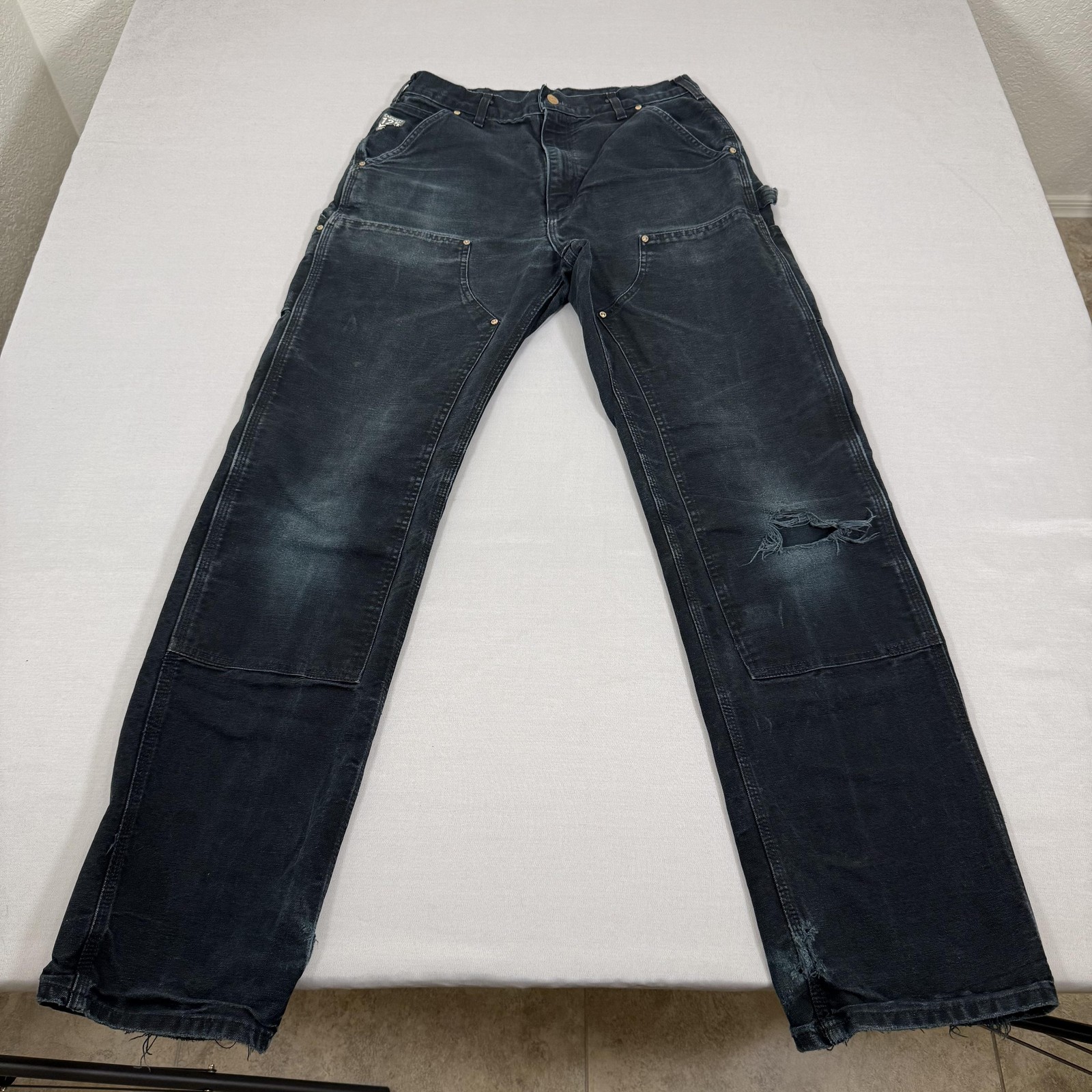 Carhartt Pants Mens 32×36 Black Canvas Double Knee Carpenter Distressed B01 BLK