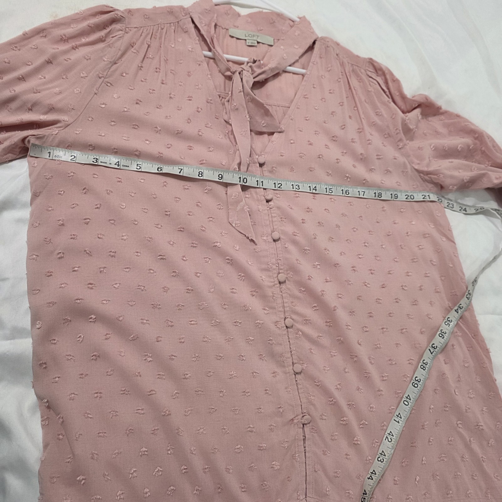 Loft Womens Top Size Medium Pink Button Up Peasant Boho Swiss Dot Scarf Neck