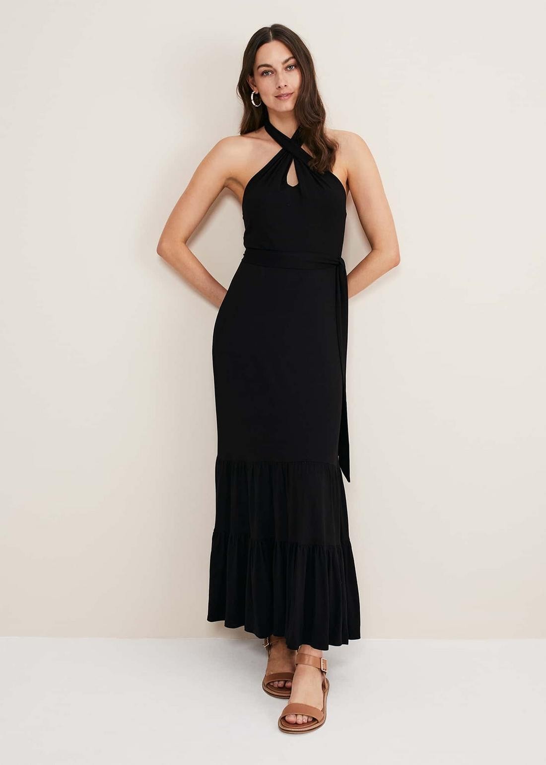 Phase Eight Valeria Halter Neck Maxi Black Dress Jersey Size 16 BNWT
