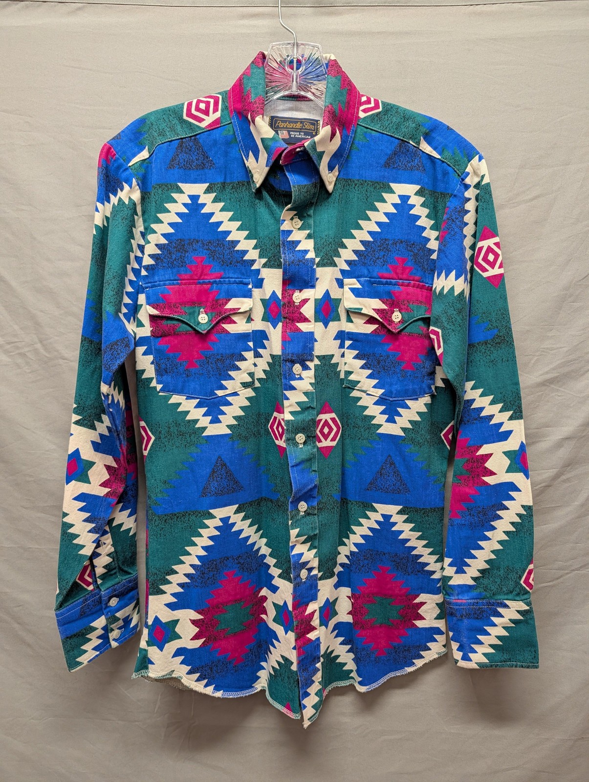 Panhandle Slim Shirt Mens 17.5 33 Green Blue Aztec Button Down Long Sleeve