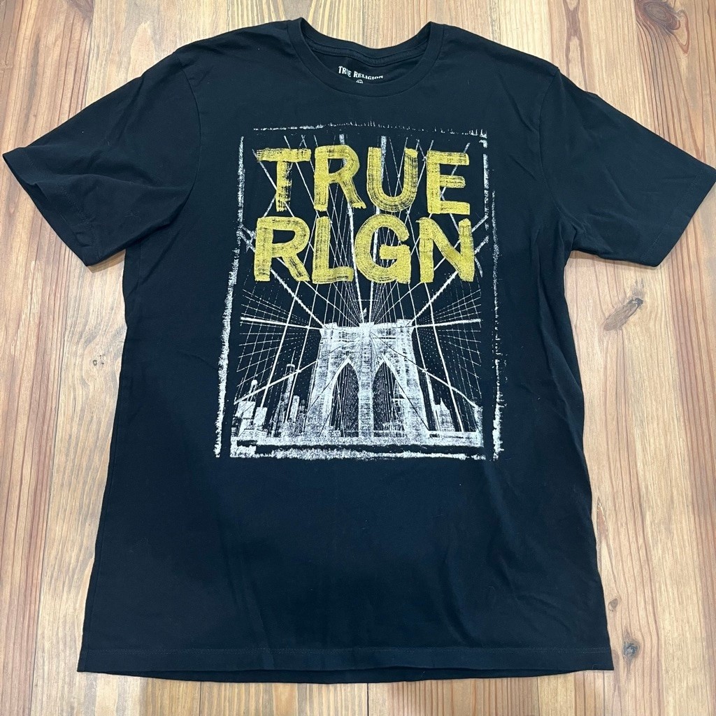 Men’s True Religion Brooklyn Bridge Graphic T-Shirt Black Yellow Size S, 0027 B1