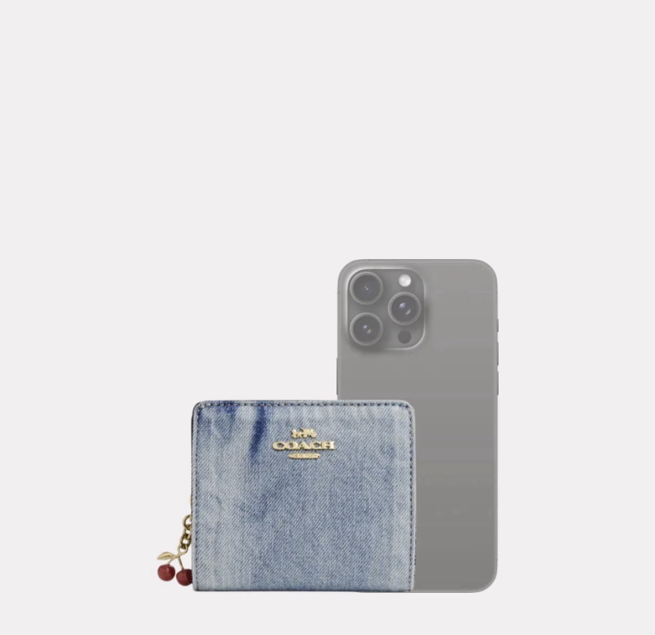 🍒 COACH Snap Wallet In Loved Denim With CHERRIES Charm CEC35 Gold/Light Indigo