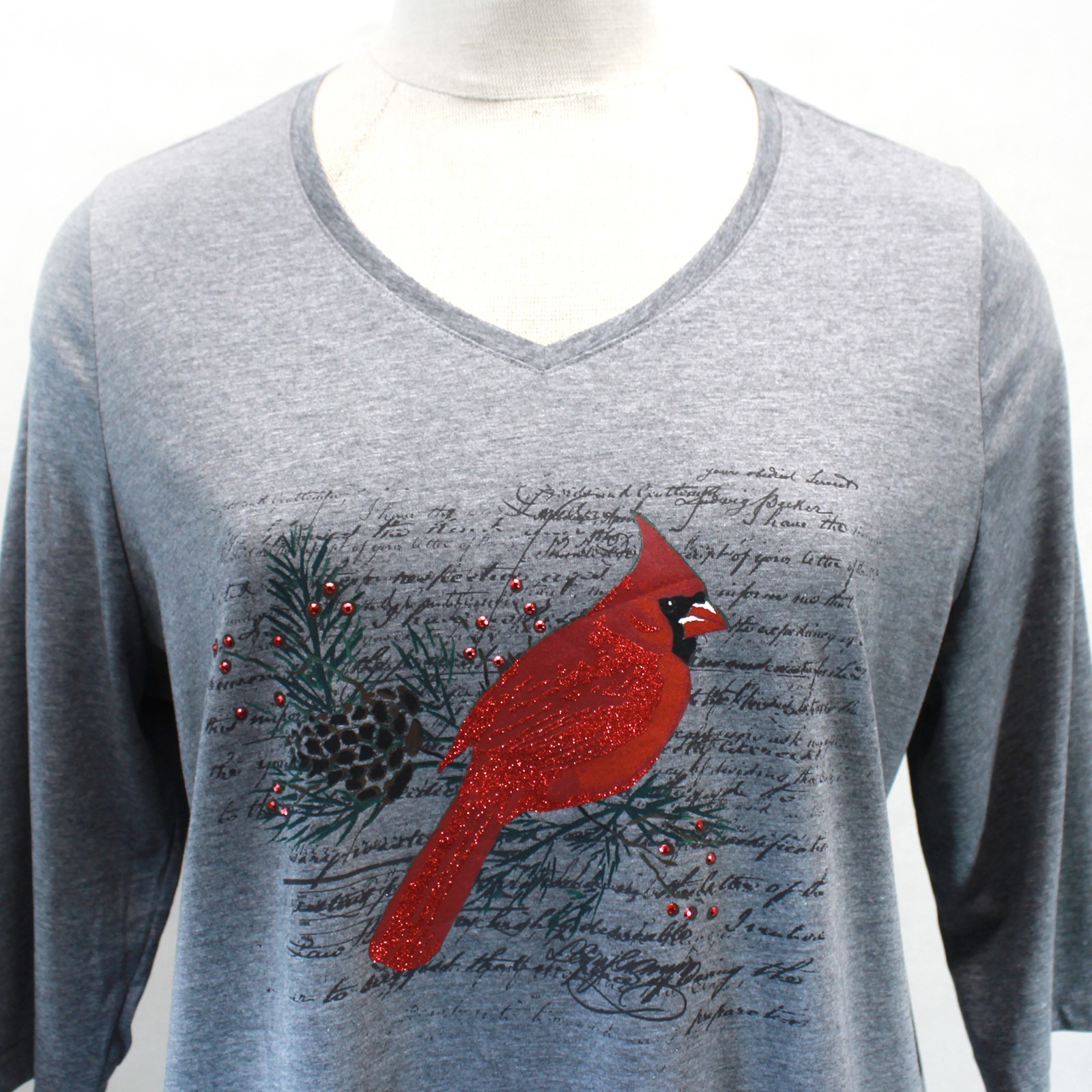 Catherines Plus Gray Cotton Glitter Bird Christmas Top Blouse 3X 26/28W
