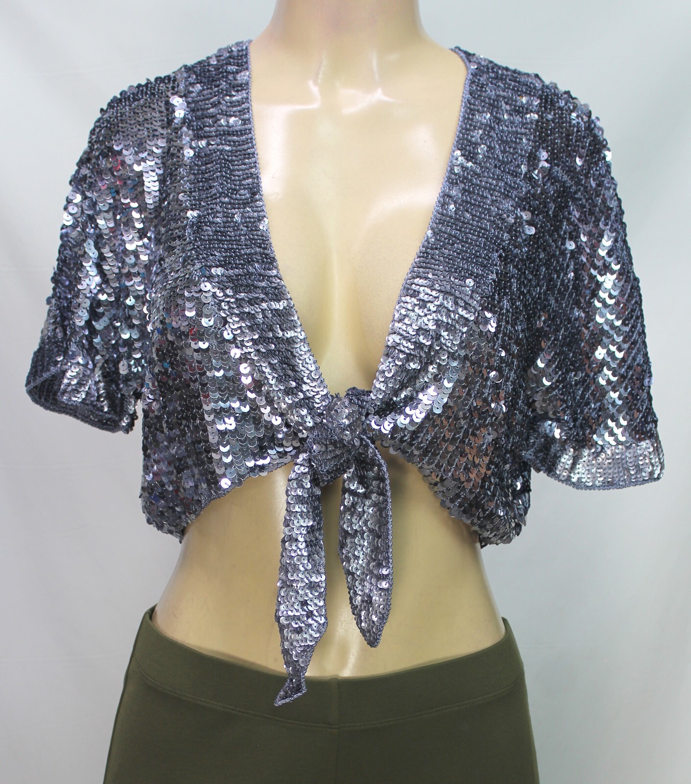 Kroshetta by Papillon Women’s Tie Up Shrug Short Sleeve Sequin Pewter Size L