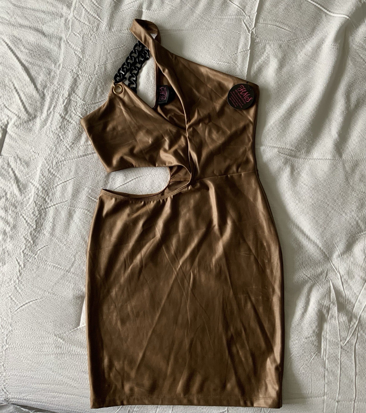 Hot Miami Styles Faux Leather Chain Cut Out One Shoulder Mini Dress Latte Brown