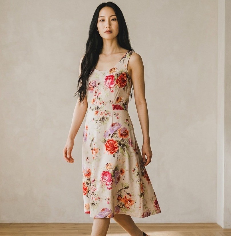 Shabby Chic Garden Party Coquette Fit Flare Floral Retro Midi Dress 12 Peach