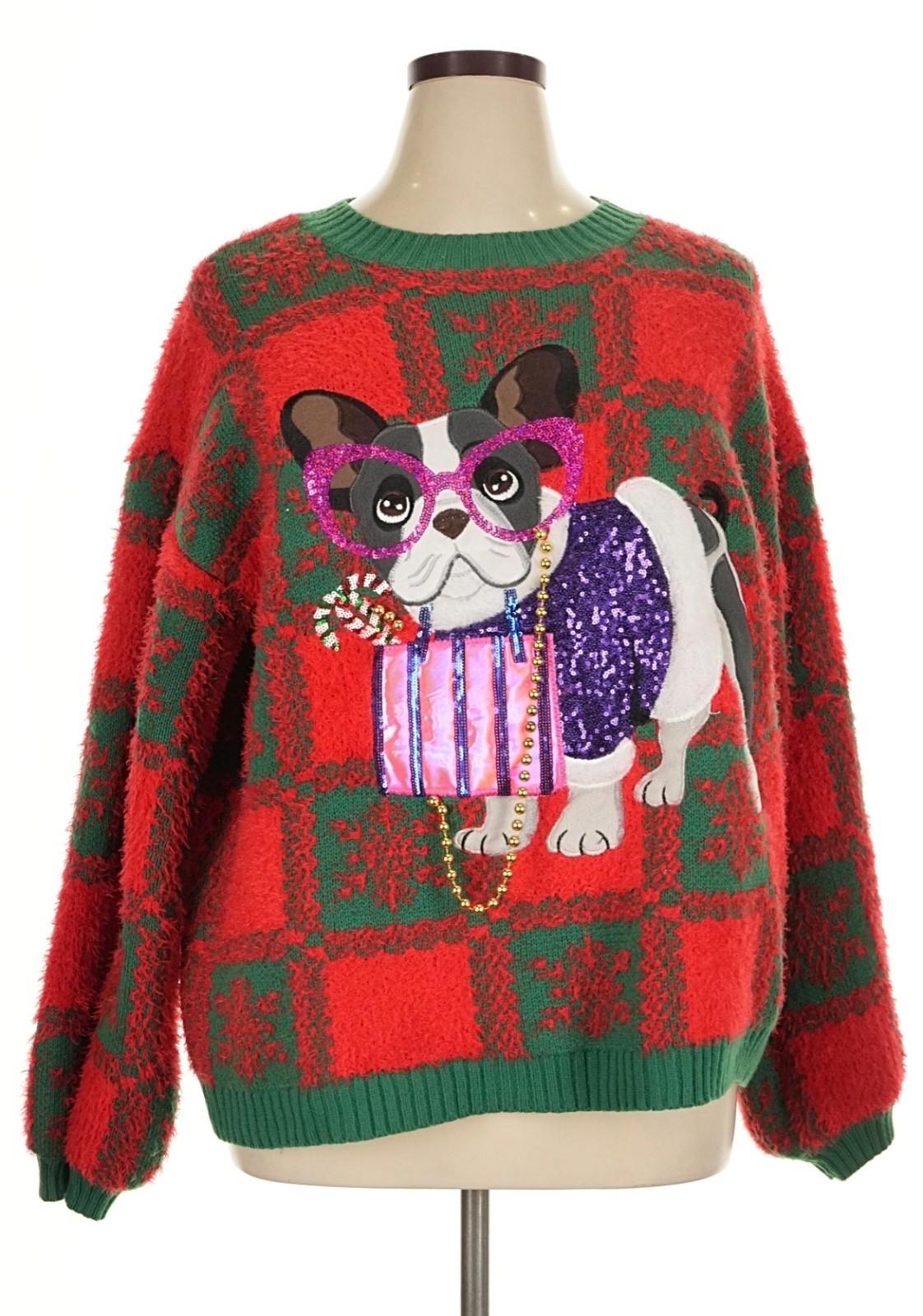 Holiday Time French Bulldog Sequins Snowflake Pull-Over Ugly Christmas Sweater M
